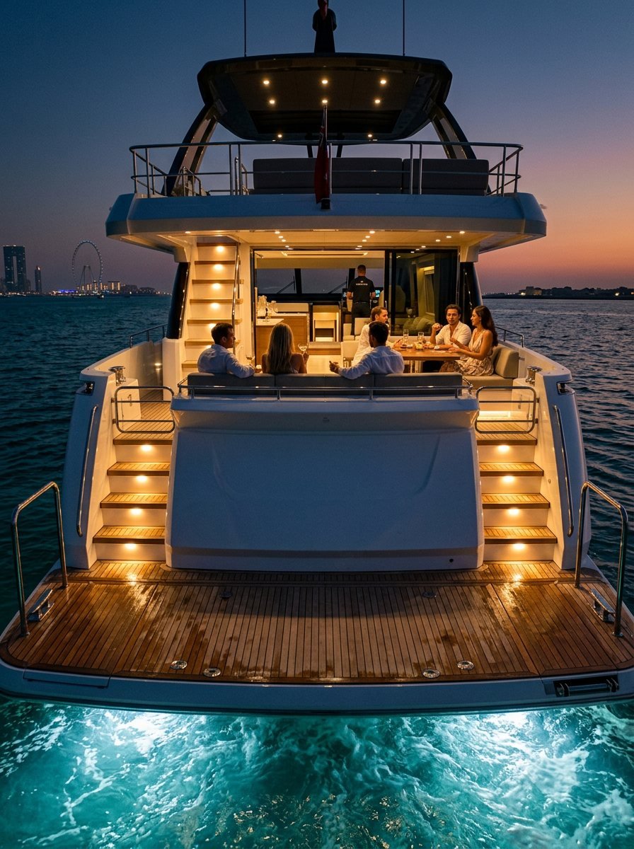 Captain at the helm with passengers relaxing on the yacht stern