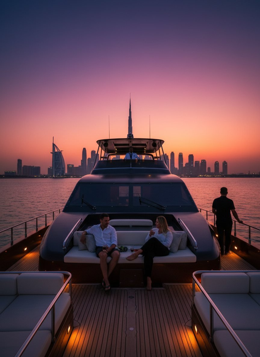 Captain steering the yacht while guests relax on the stern lounge