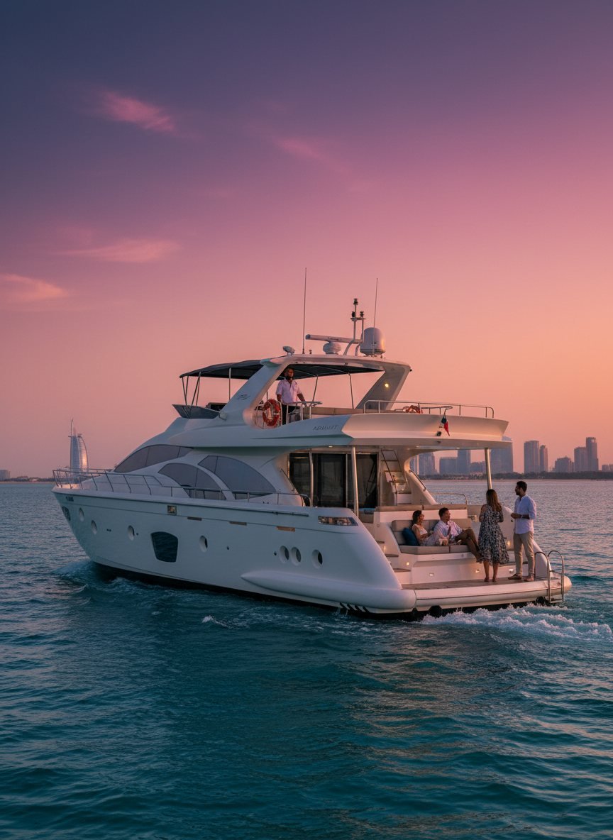 Charter yacht sailing past Dubai with captain navigating at the helm