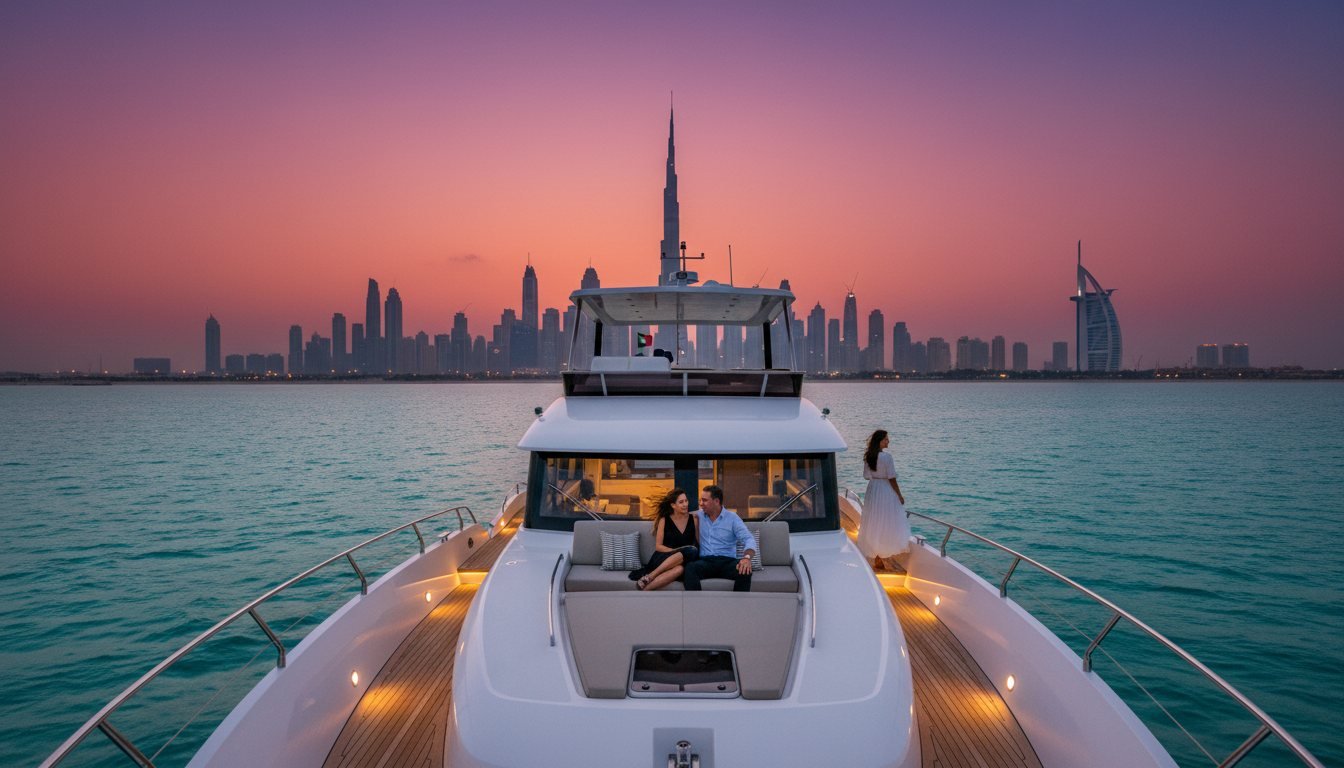 Deck of a private yacht cruising past Dubai landmarks in evening