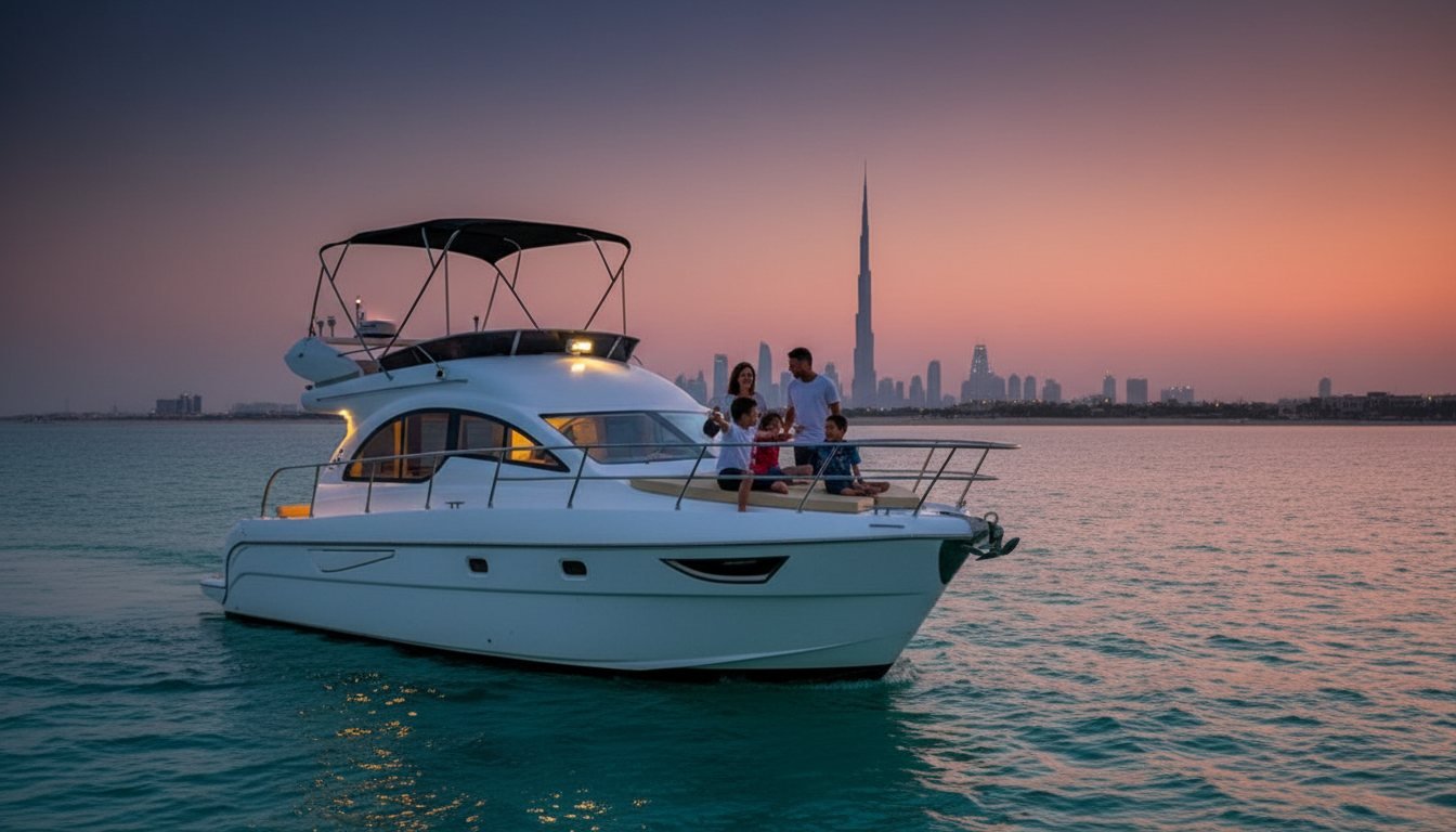 Family enjoying a leisure cruise off the scenic coastline of Dubai