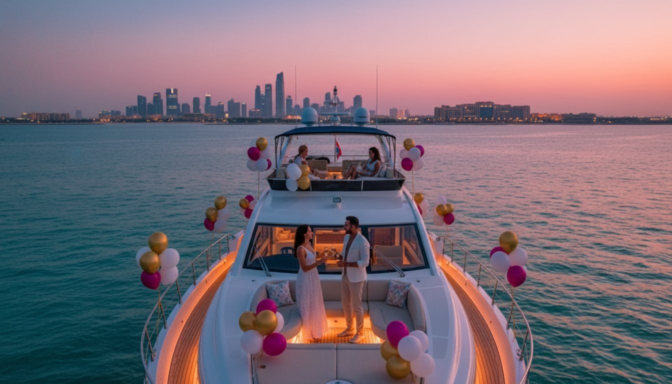 Guests celebrating a festive event with balloons on a yacht deck