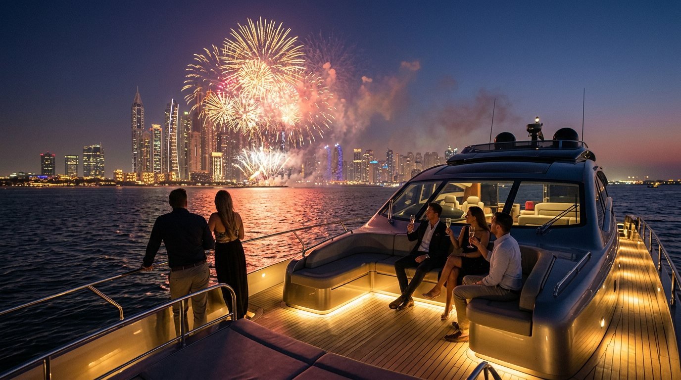 Guests enjoying drinks on a yacht deck watching Dubai skyline fireworks
