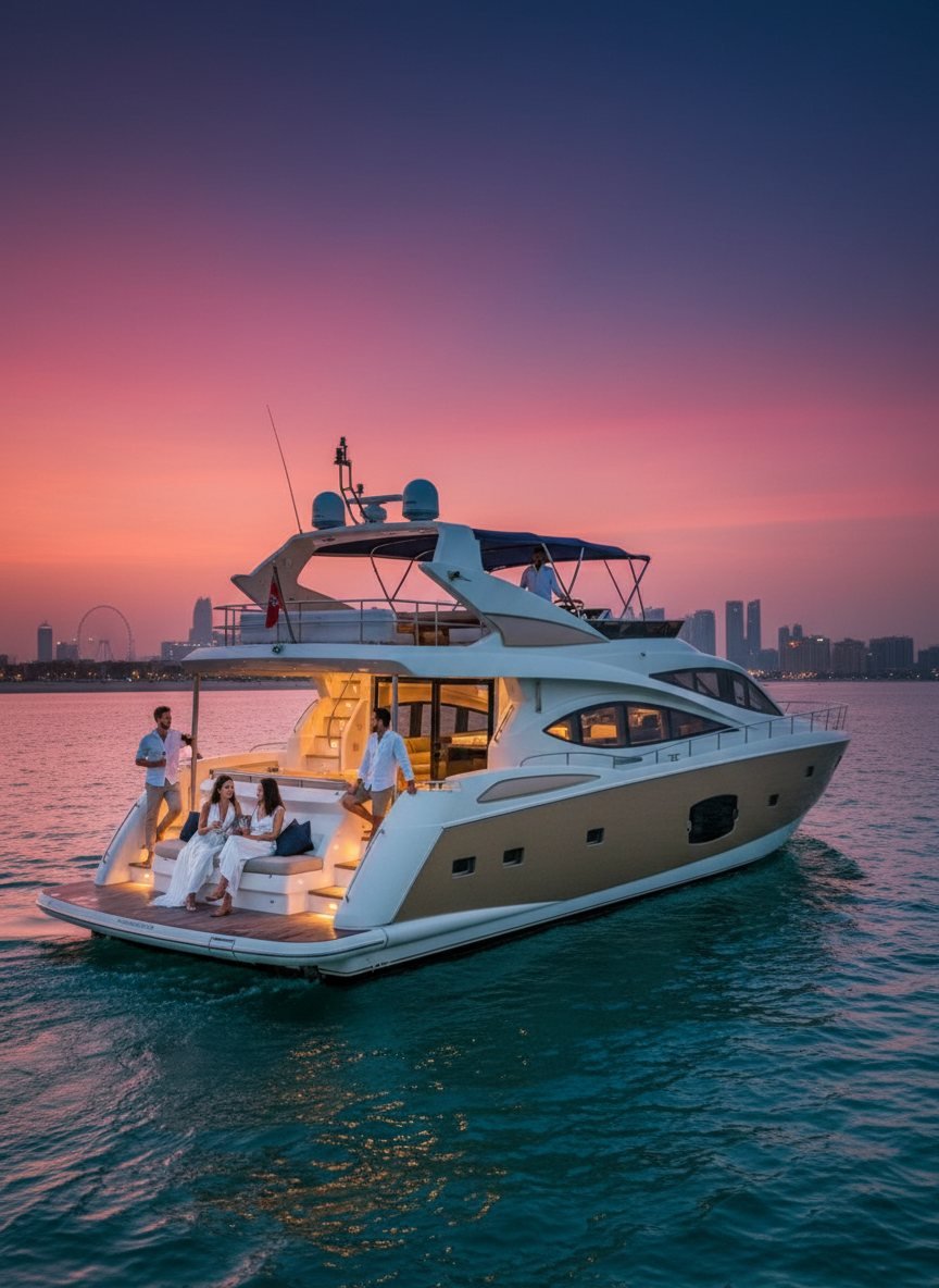 Motor yacht cruising in Dubai with captain steering and guests aboard