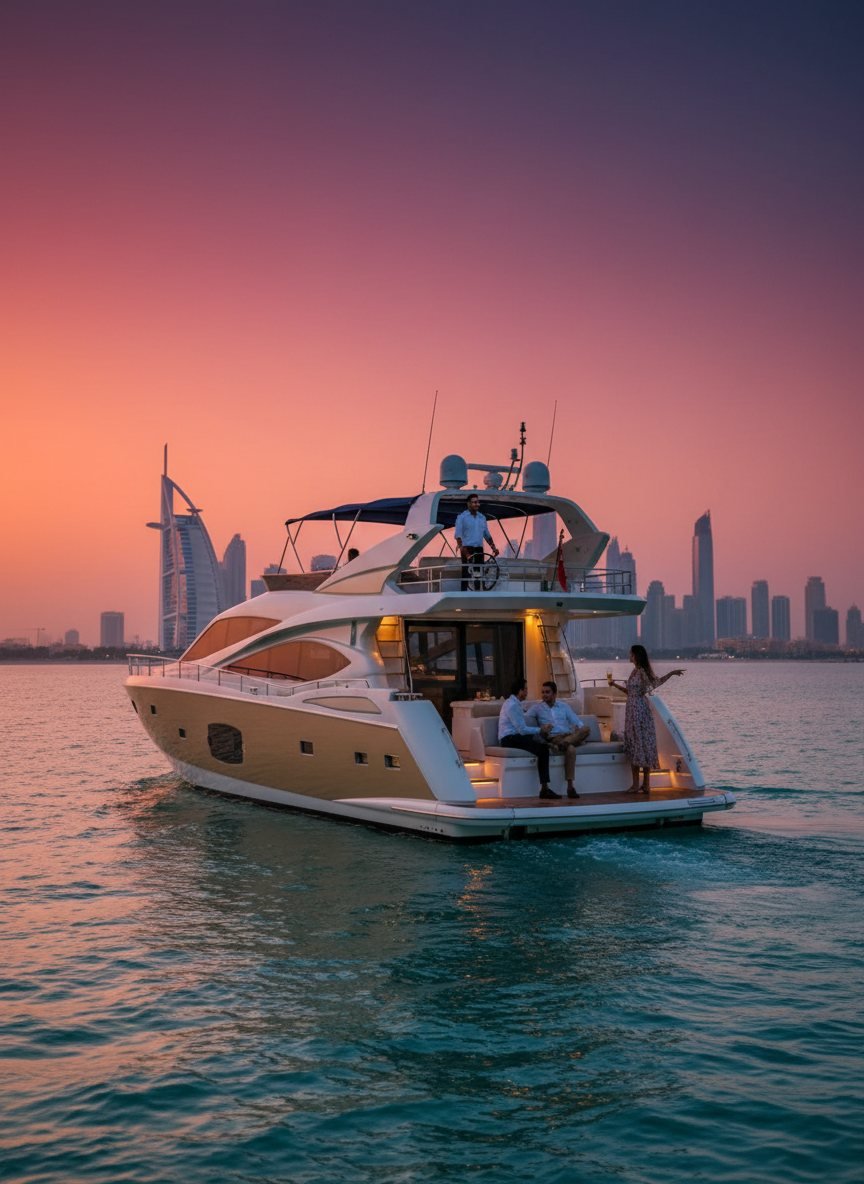 Motor yacht underway in Dubai waters carrying captain and happy guests