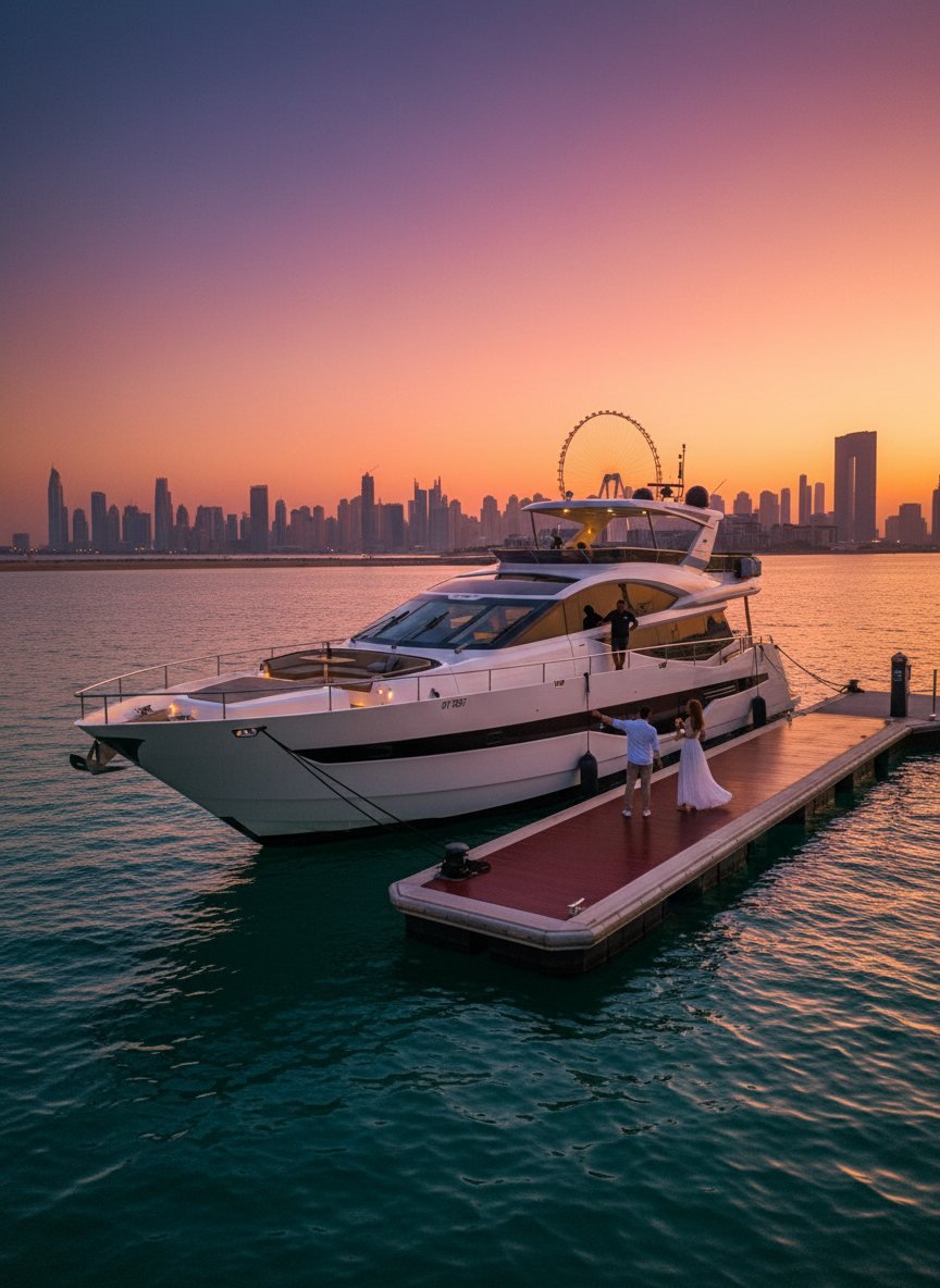 Professional yacht crew on a Dubai marina pier against the city skyline