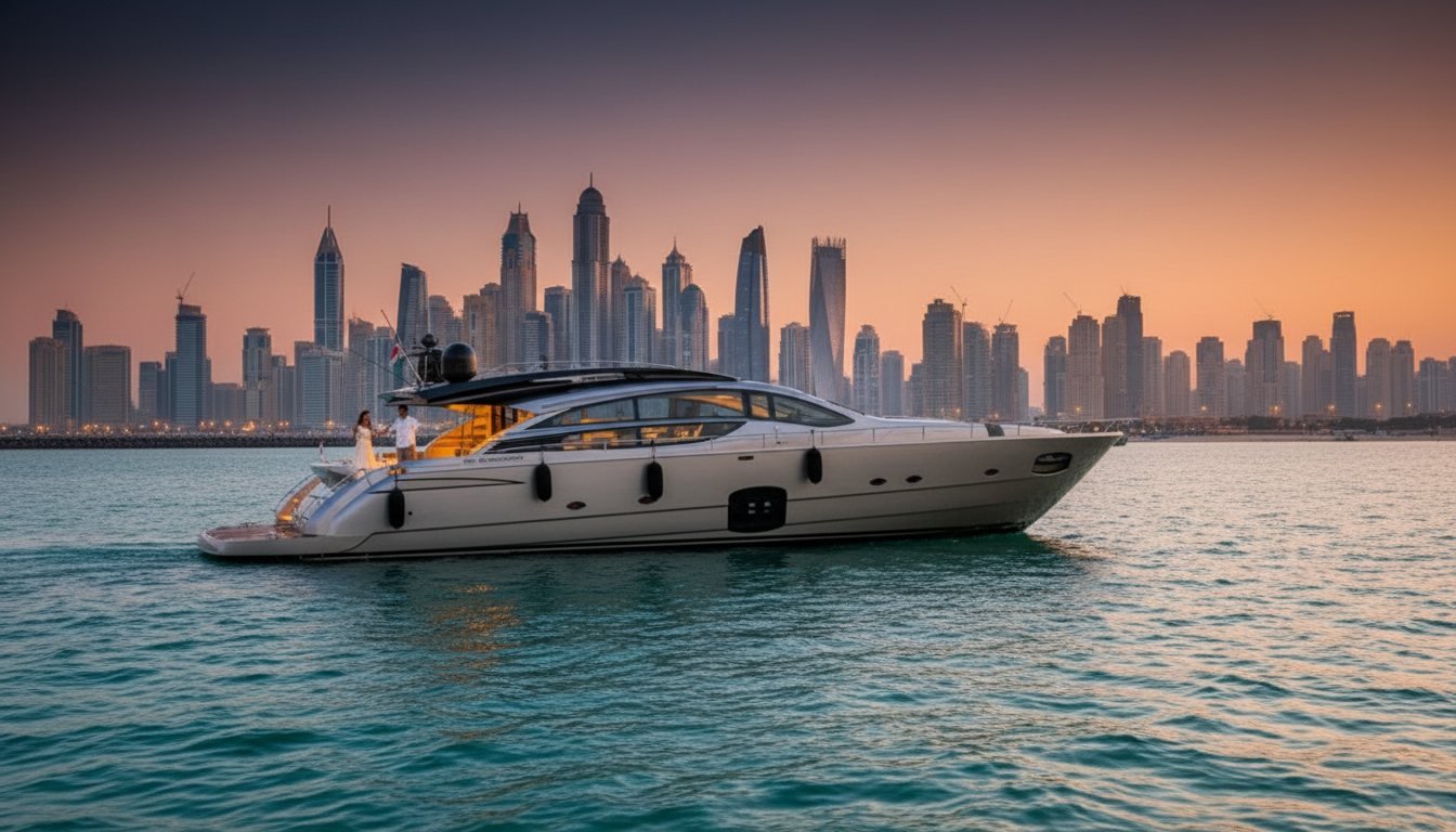 Waterfront view of Dubai Marina towers reflecting in calm harbor waters