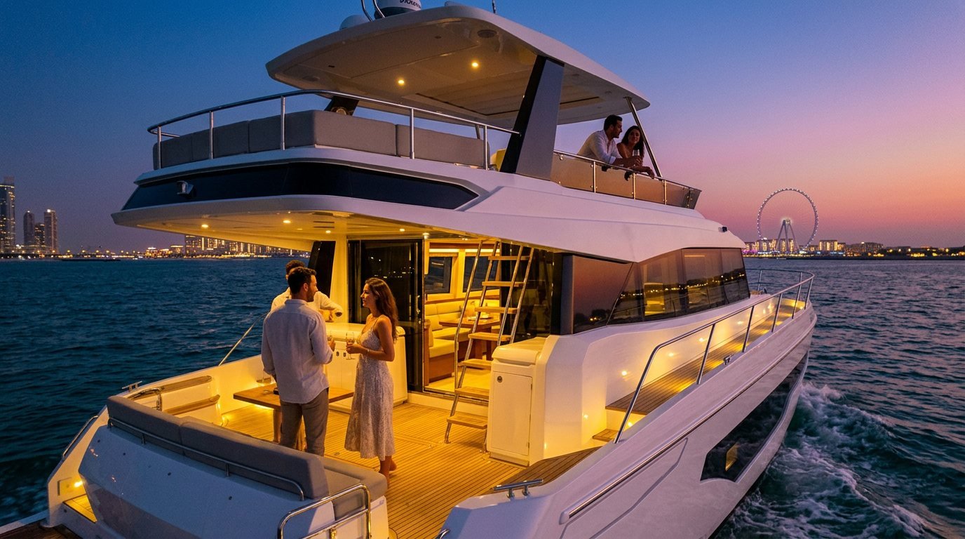 White motor yacht cruising past famous Dubai landmarks during sunset