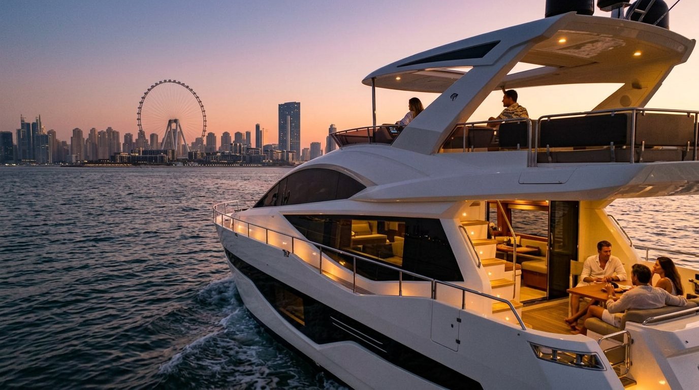 White motor yacht sailing on calm waters near the Dubai skyline