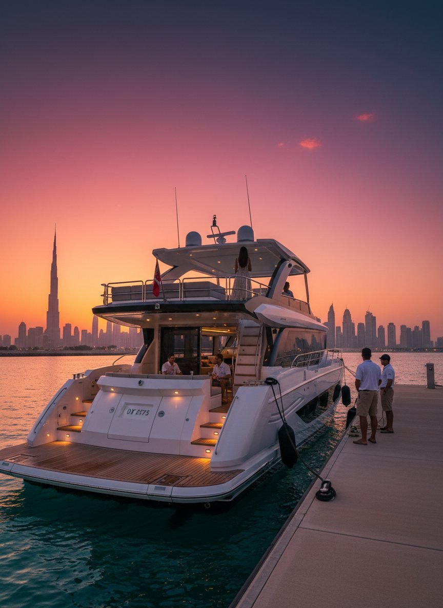 Yacht crew standing on a sunny marina pier in Dubai Harbour
