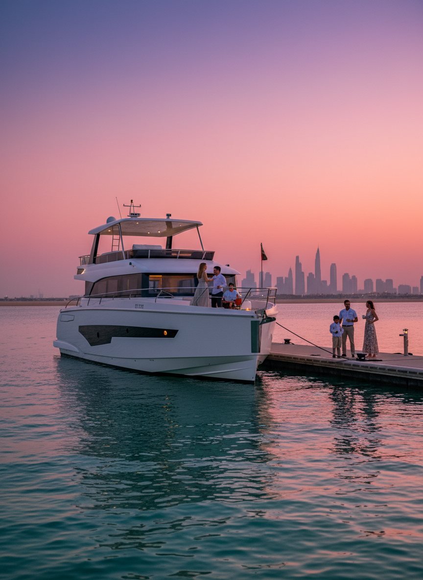 Yacht staff assembling along the marina pier in early morning Dubai